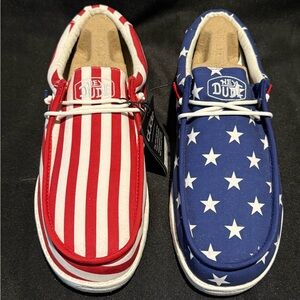 Hey Dude Red and Blue Star Stripe Loafers